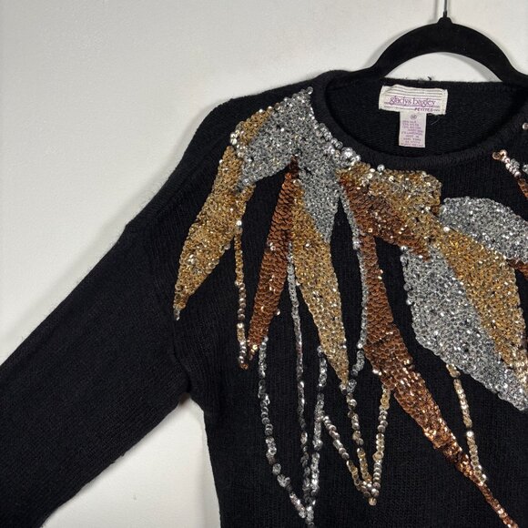 Vintage Silk Angora Wool Sequin Sweater Gold Black Silver Holidays Nye Size M - Picture 5 of 7